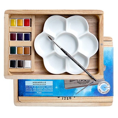 Farby akwarelowe w kostkach L&B, 12 kol. drewniana kaseta