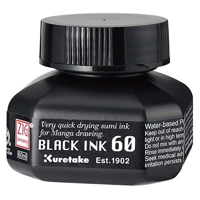 Black Ink szybkoschnący, czarny tusz Kuretake, 60 ml