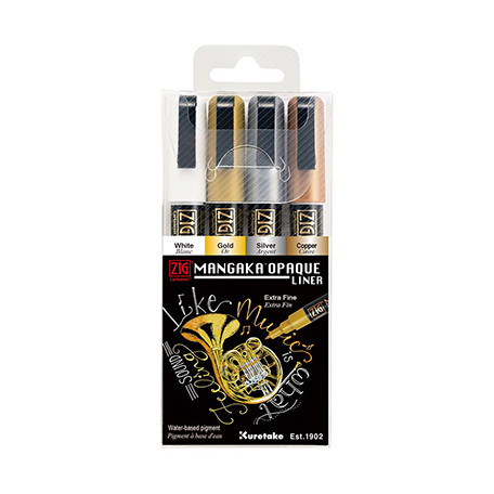 Metaliczne pisaki Mangaka Opaquae Liner Kuretake, 4 sztuki