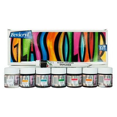 Farby do szkła Fevicryl Glass, Pidilite, 6 x 10ml + akcesoria