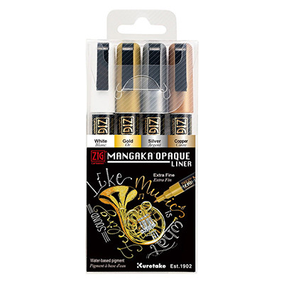 Metaliczne pisaki Mangaka Opaquae Liner Kuretake, 4 sztuki