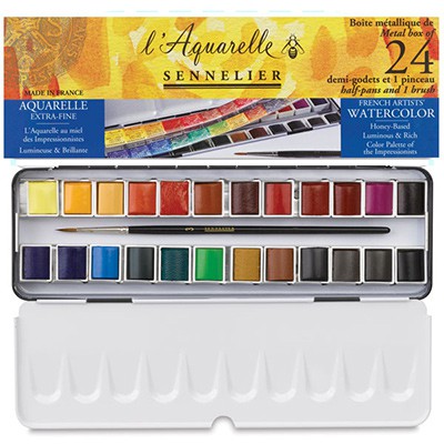 Farby akwarelowe w półkostkach L'Aquarelle, Sennelier, Metal 24