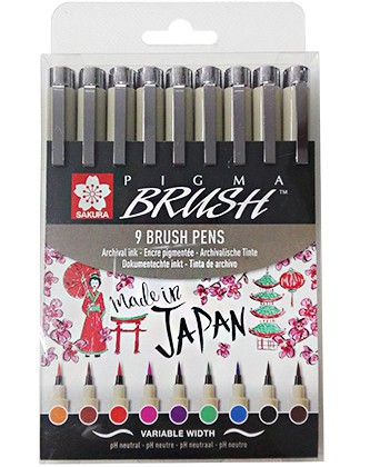 Pisaki pędzelkowe Pigma Brush, Sakura, 9 kolorów