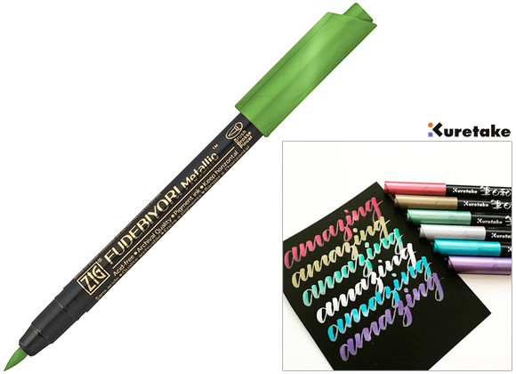 128 Light Green, metaliczny pisak Fudebiyori, Kuretake