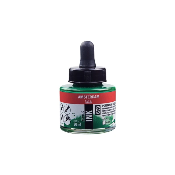 619 Permanent Green Deep, tusz akrylowy Amsterdam, 30 ml