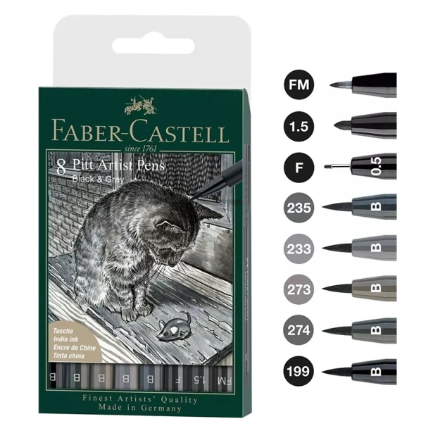 Pisaki Pitt Artist Pens 'Black &amp; Grey' 8 szt.