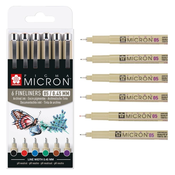 Pisaki Pigma Micron 05 Basic Colors, 6 szt.