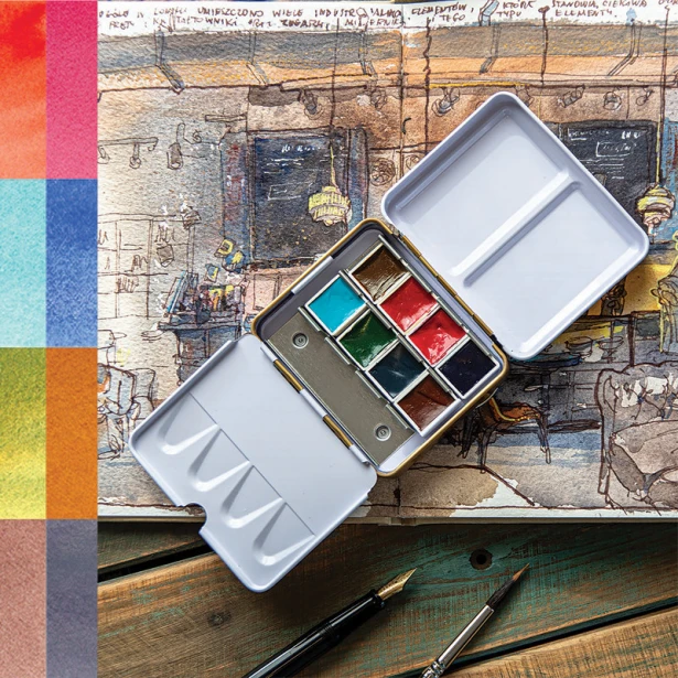 Mini Urban Sketchers Set APRICOT, akwarele Aquarius 8 kol.