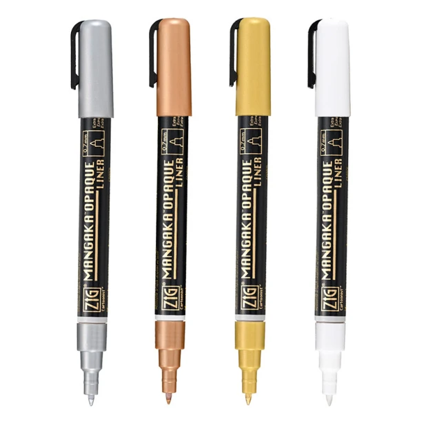 Metaliczne pisaki Mangaka Opaquae Liner Kuretake, 4 sztuki