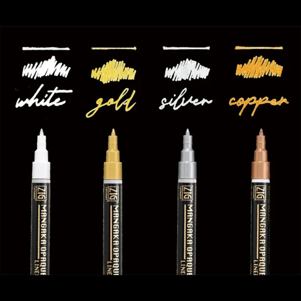 Metaliczne pisaki Mangaka Opaquae Liner Kuretake, 4 sztuki