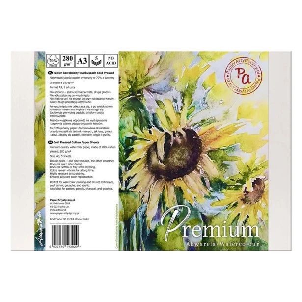 Papier do akwareli Premium A3, 280 g/m², 5 ark.