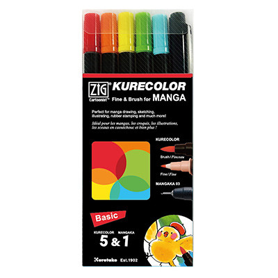 Basics – zestaw pisaków Kurecolor for Manga Kuretake, 6 szt.